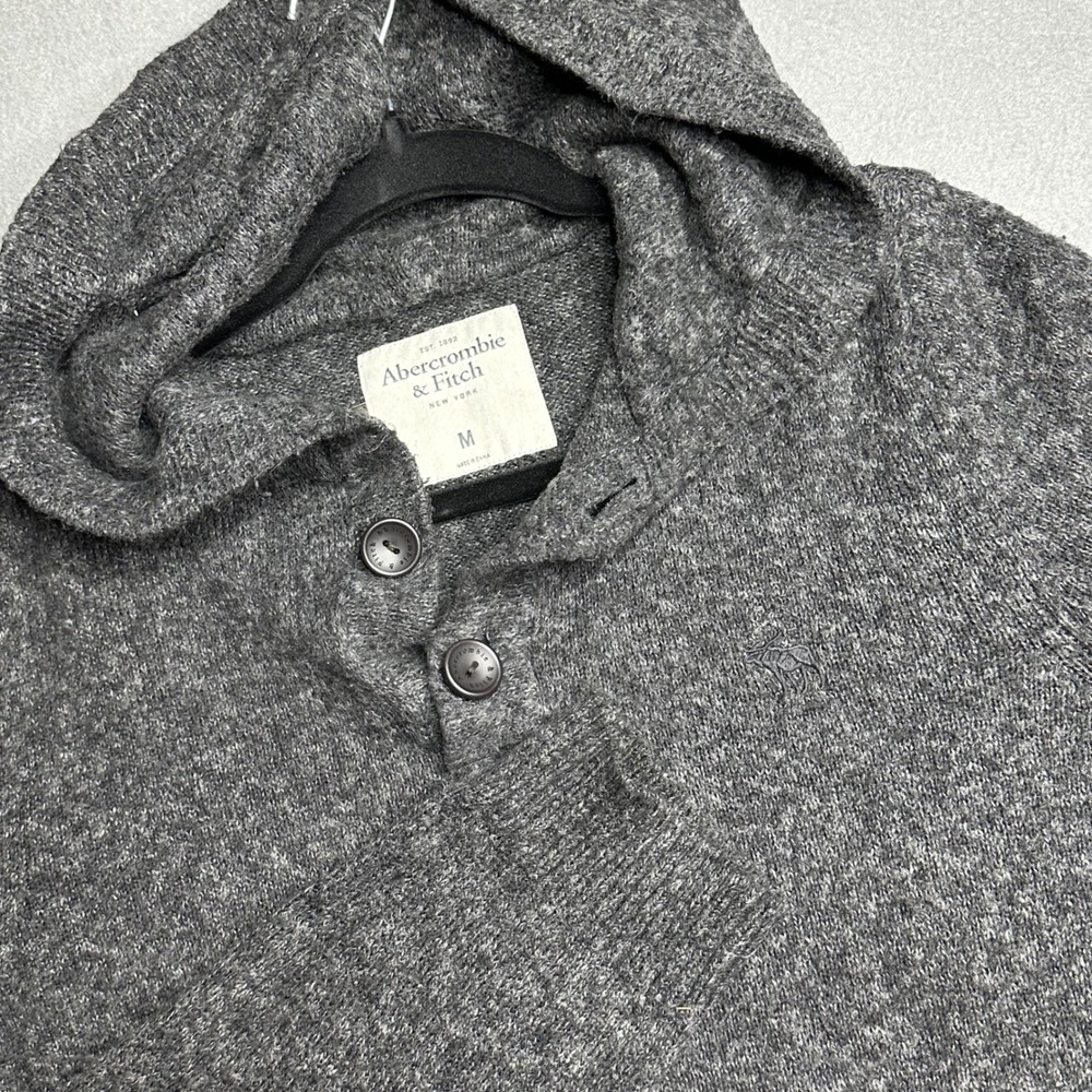 Abercrombie Fitch Men Gray Heathered Knit Shawl Collar Button Hooded Sweater M